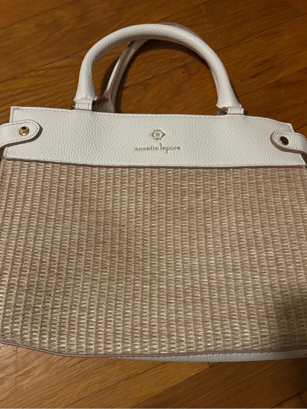 Nanette Lepore White & Cream Woven Handbag w/Faux-leather trim. Crossbody strap.